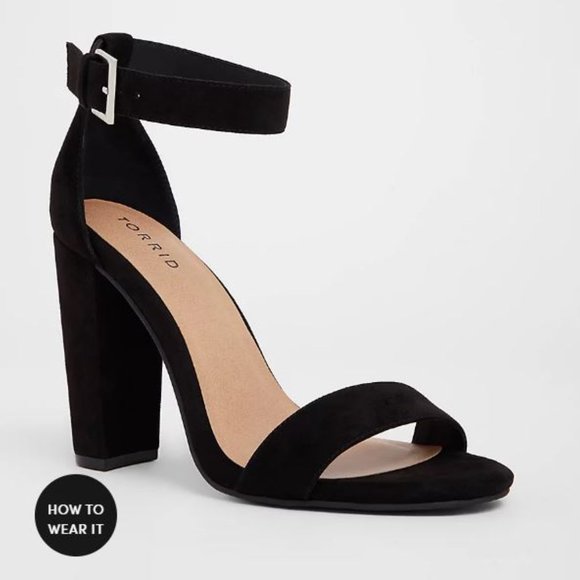 Torrid Size 10.5 Wide Strappy Black Heels Two Strap Tapered Shoes Vegan Suede - Picture 1 of 8